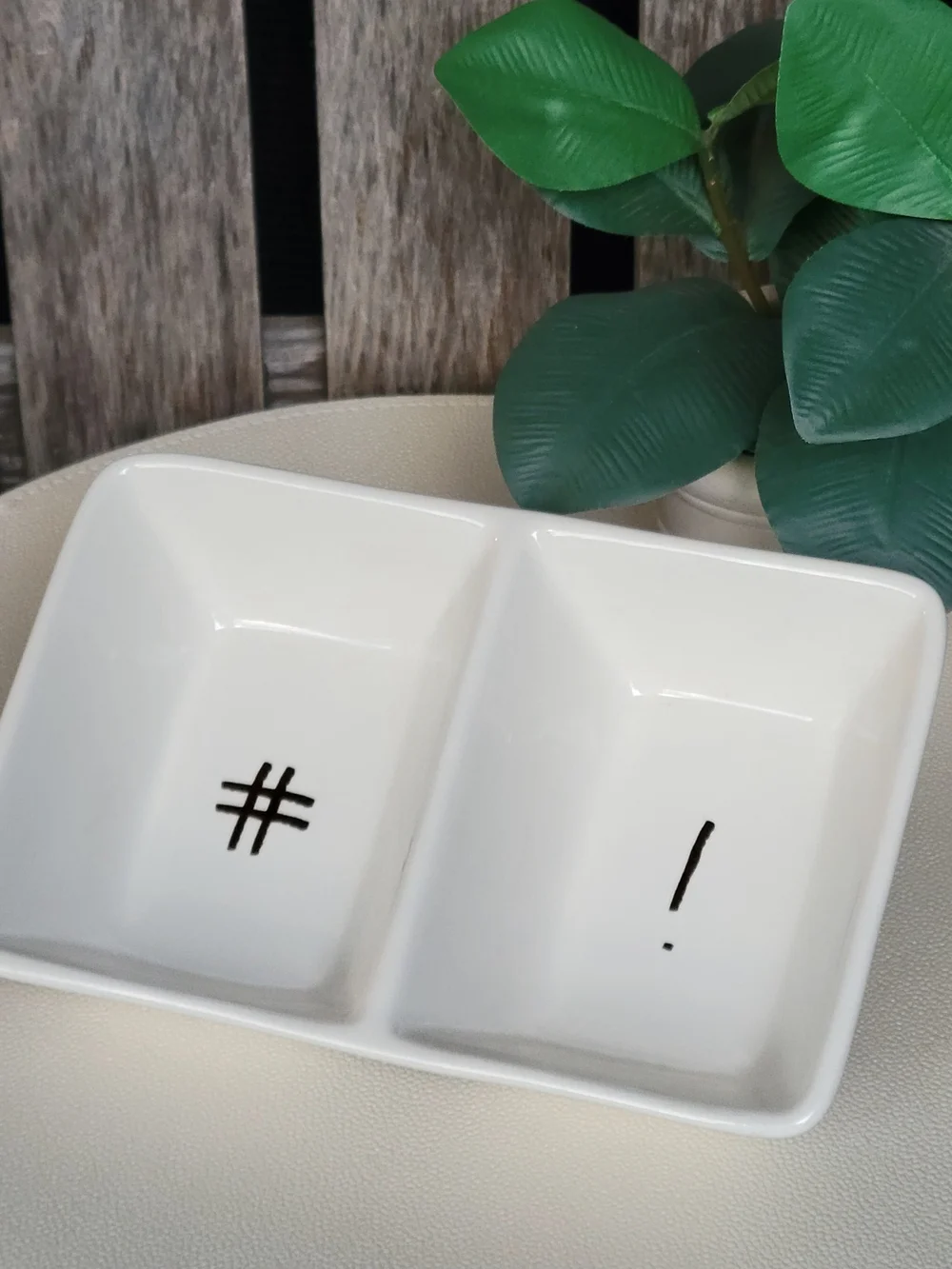 Rae Dunn Hashtag # & Exclamation ! White Double Ceramic Dip Dish Gold Accents